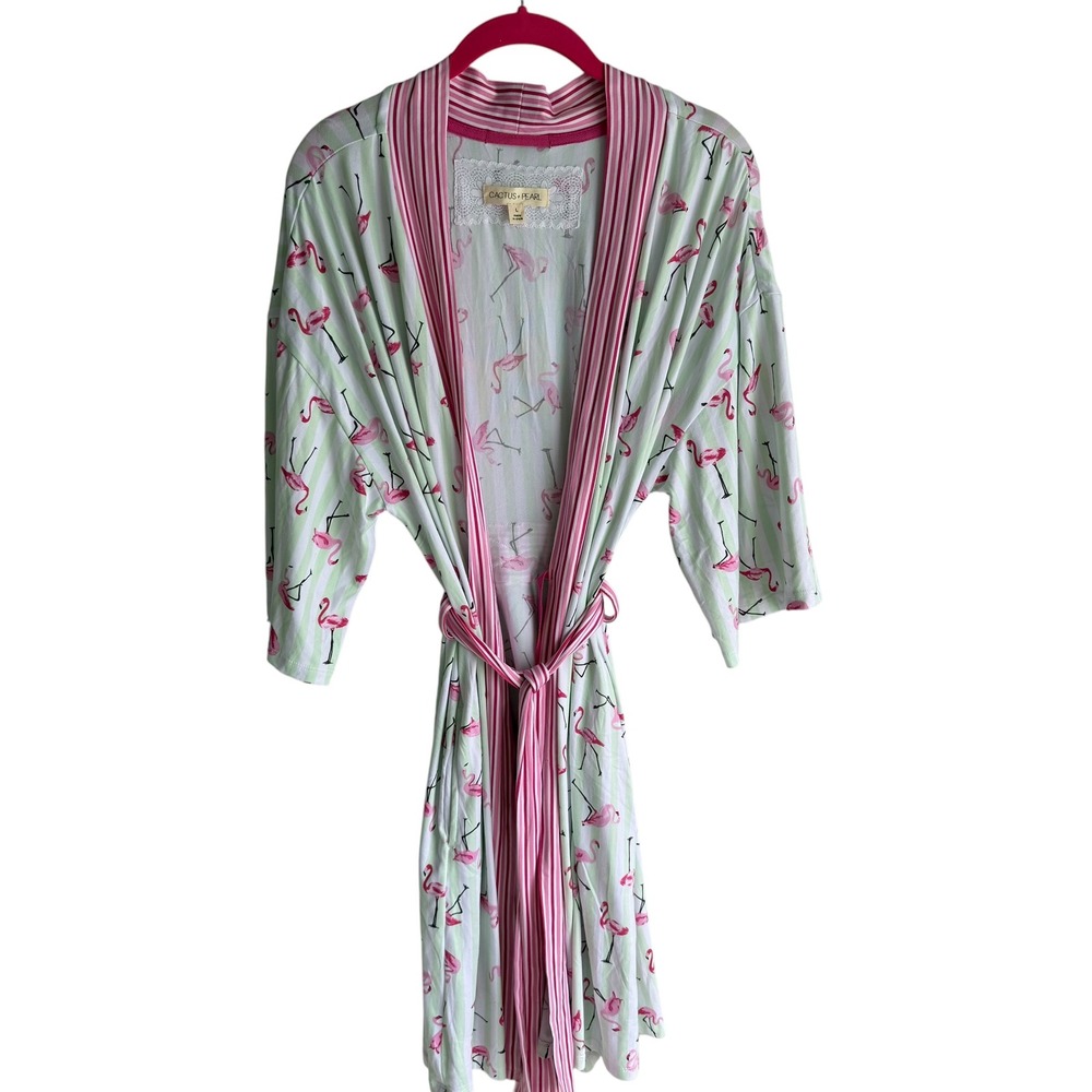 CACTUS + PEARL Mint Green Pink Flamingo Lightweight Ladies Robe, L
